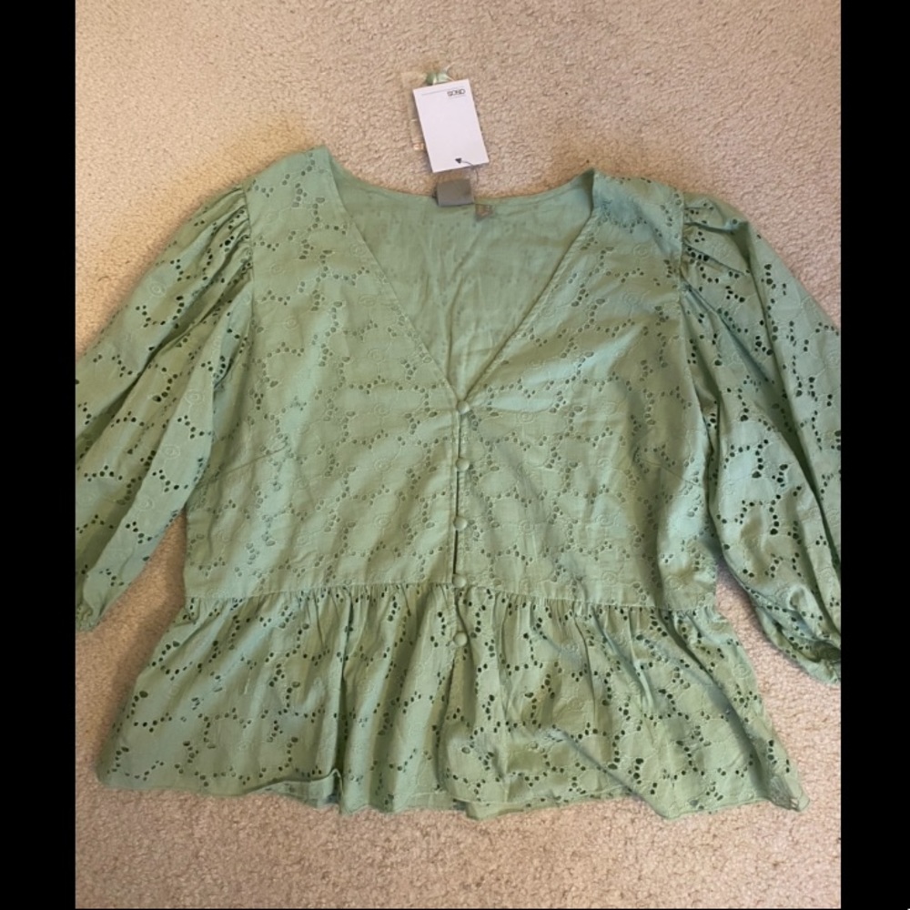 ASOS Peplum Broderie Blouse with Puffed 3/4 Sleeve